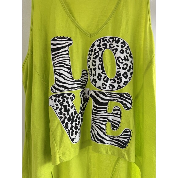 2000s Y2K Self Esteem Neon Green Animal Print Tank Top Medium high Low Top - Picture 2 of 9